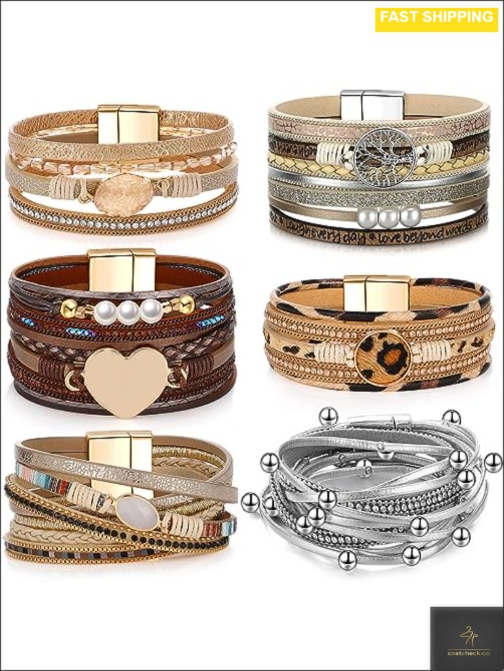 Boho Stackable PU Leather Bracelets Set Woven Multi Layer Wrap
